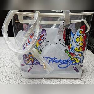 NWT Ed Hardy 2 PC CLEAR White Butterfly Tote Bag With Matching Pouch